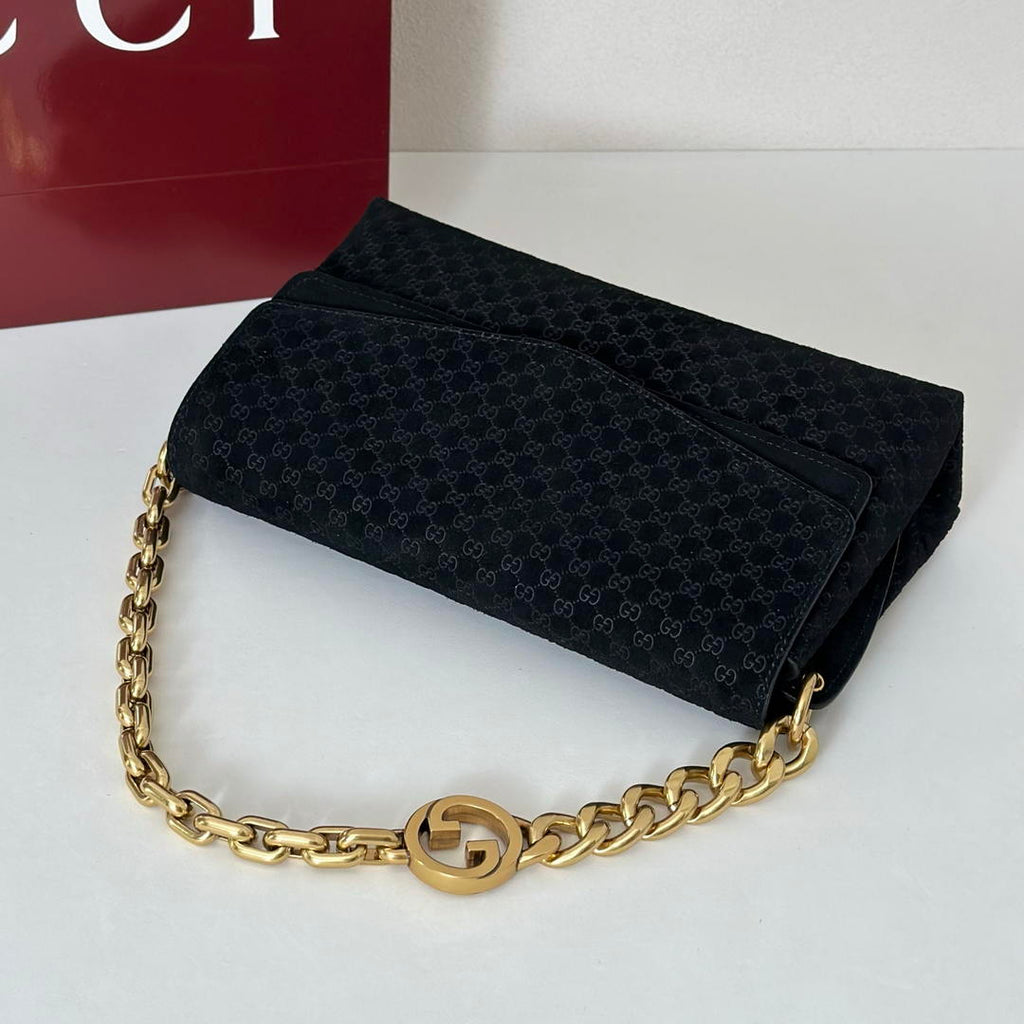 Gucci 857622 Medium Shoulder Bag Suede Black GG