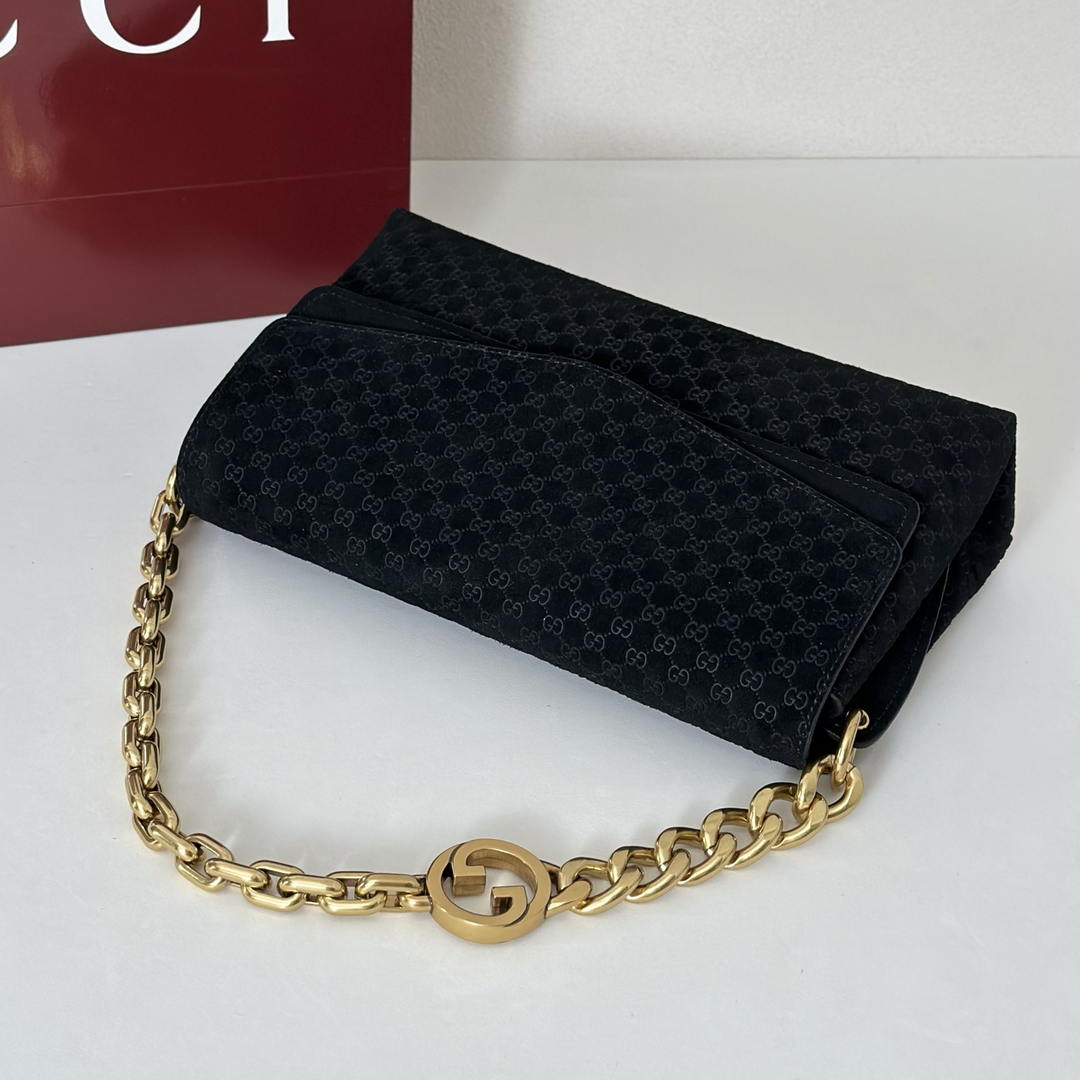 Gucci 857622 Medium Shoulder Bag Suede Black GG