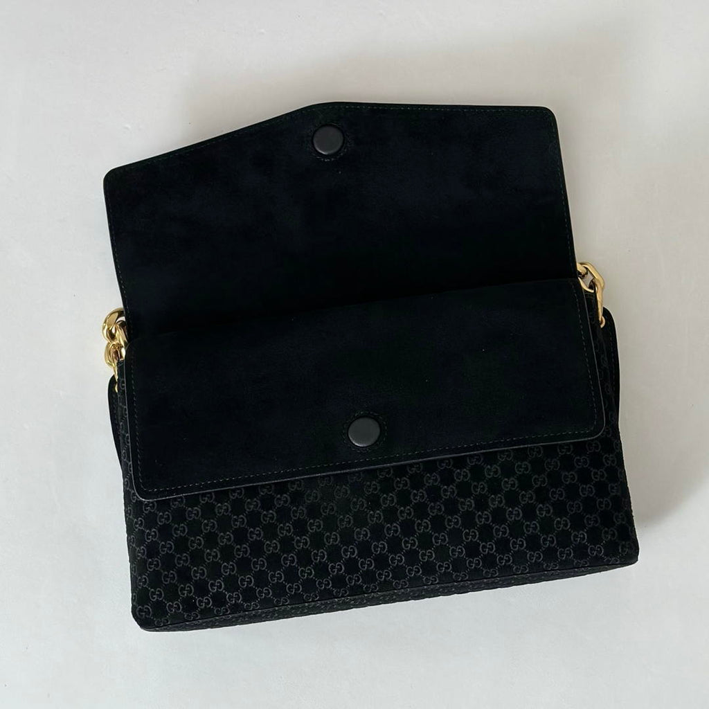 Gucci 857622 Medium Shoulder Bag Suede Black GG