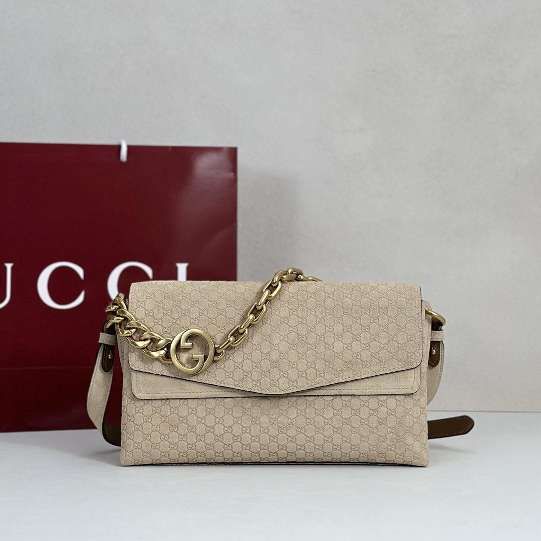 Gucci 857622 Medium Shoulder Bag Suede Beige GG - Default Title - View 1