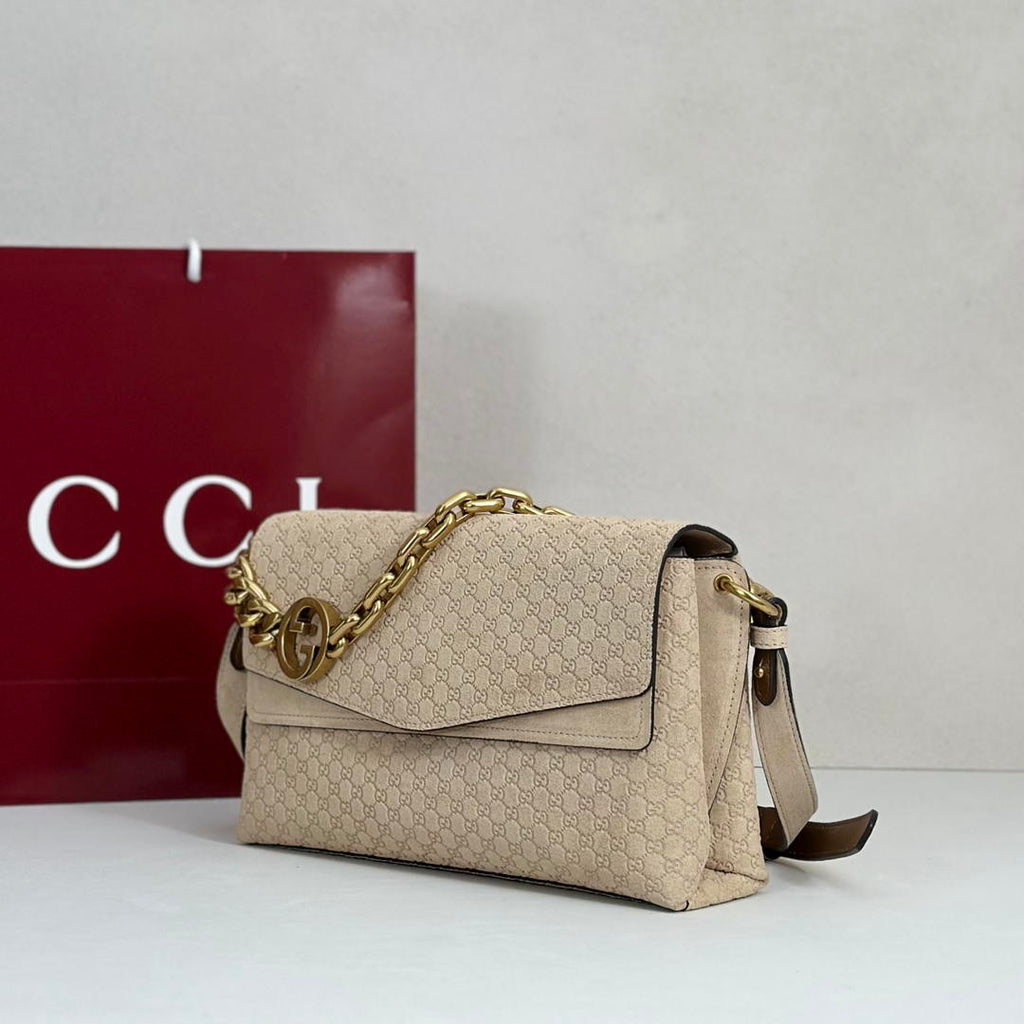 Gucci 857622 Medium Shoulder Bag Suede Beige GG