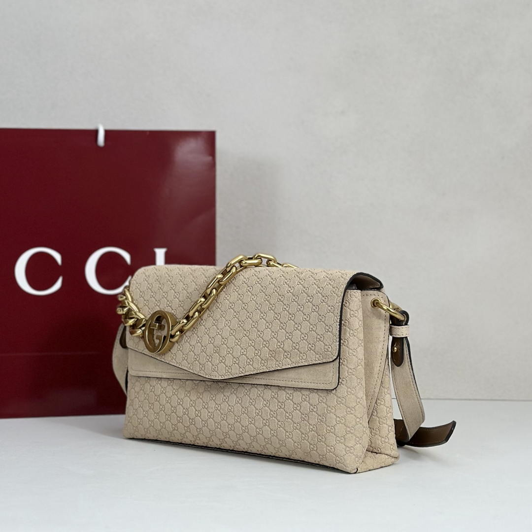 Gucci 857622 Medium Shoulder Bag Suede Beige GG