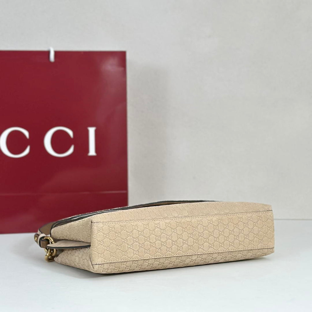 Gucci 857622 Medium Shoulder Bag Suede Beige GG