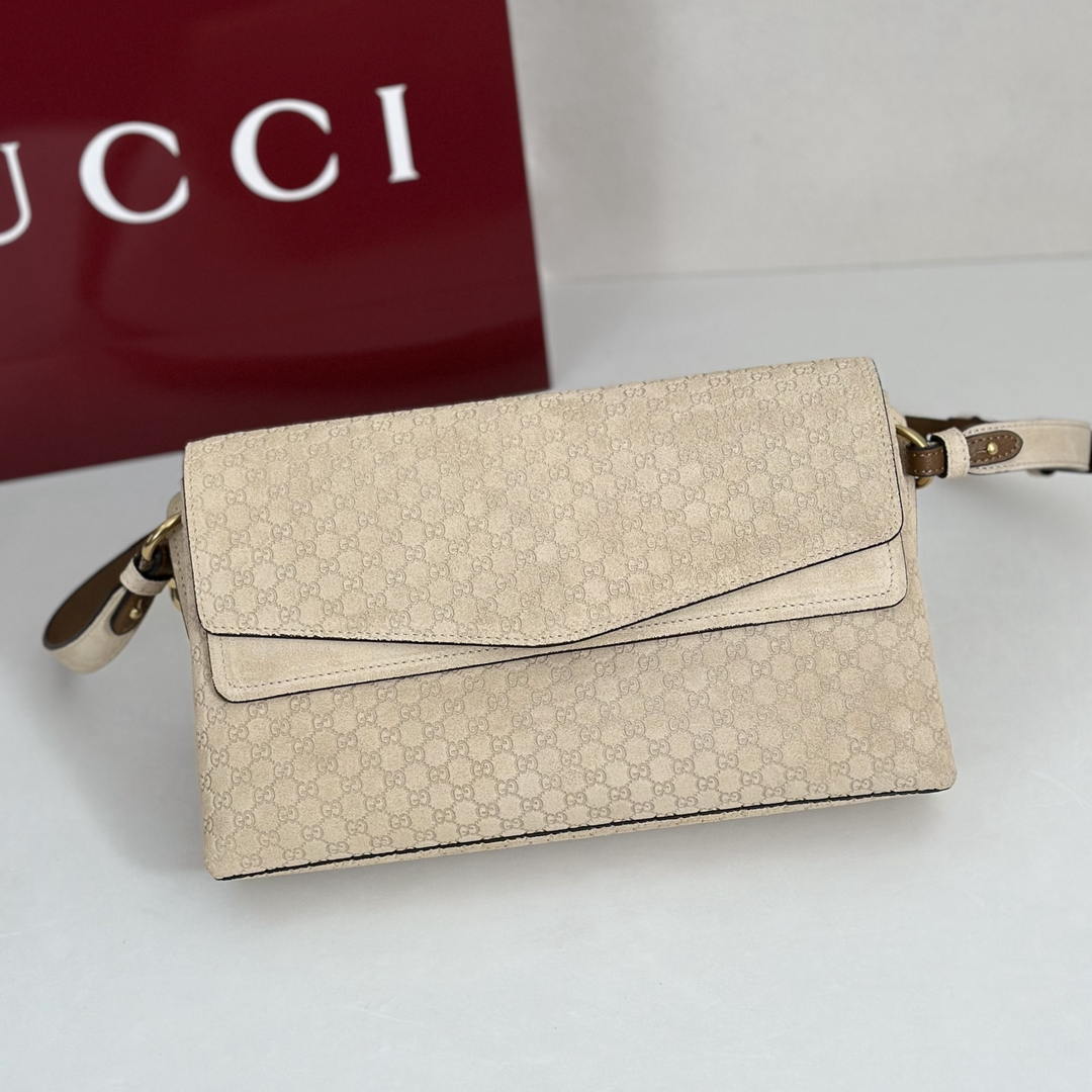 Gucci 857622 Medium Shoulder Bag Suede Beige GG