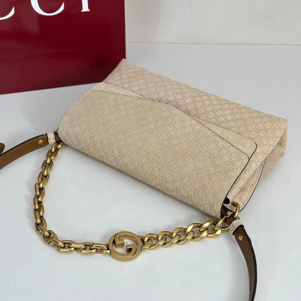 Gucci 857622 Medium Shoulder Bag Suede Beige GG