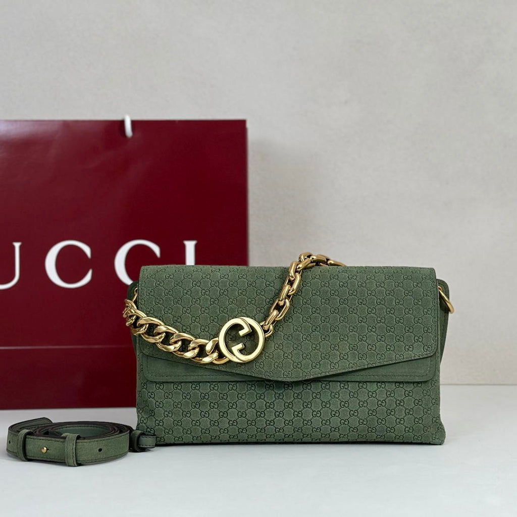 Gucci 857622 Medium Shoulder Bag Suede Green GG