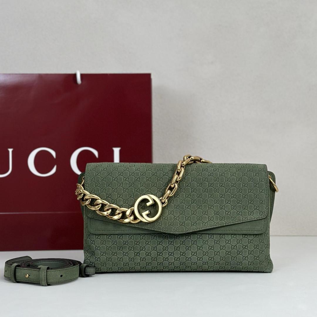 Gucci 857622 Medium Shoulder Bag Suede Green GG
