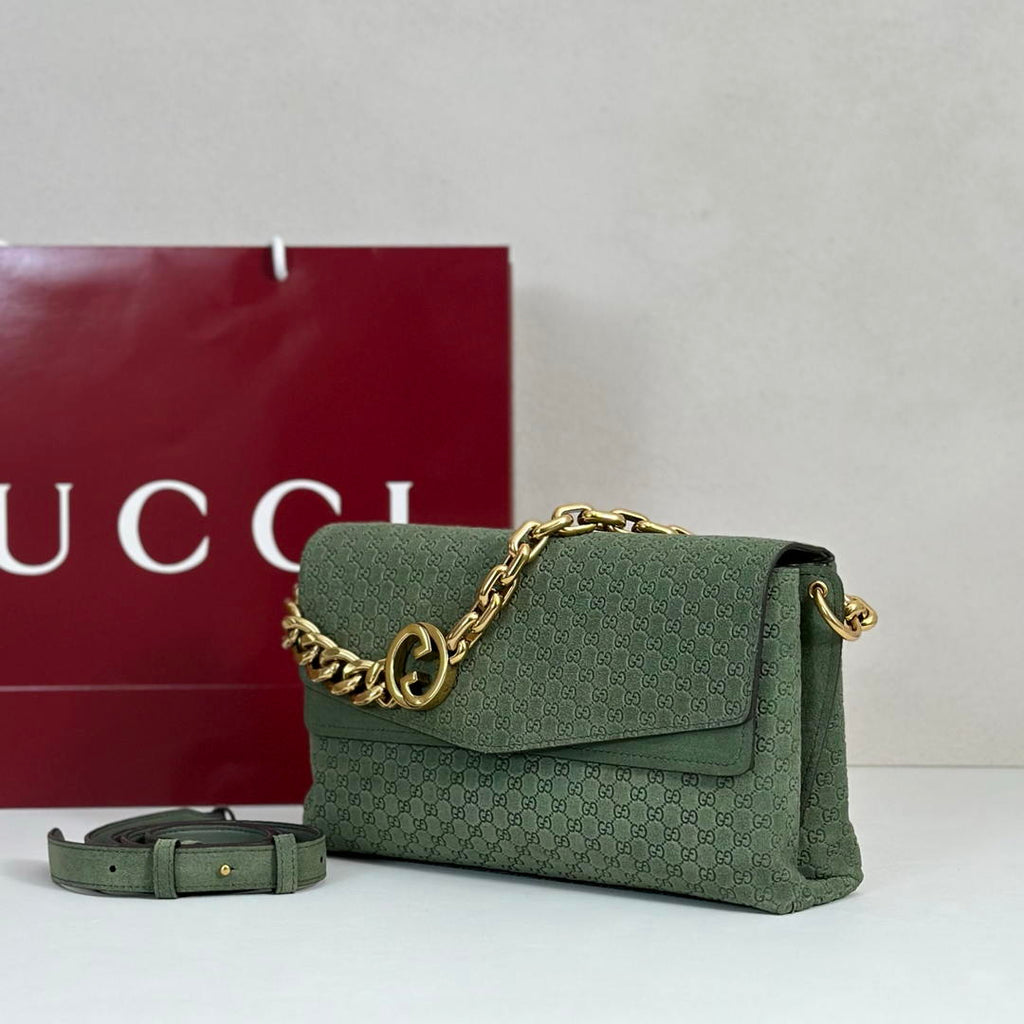 Gucci 857622 Medium Shoulder Bag Suede Green GG