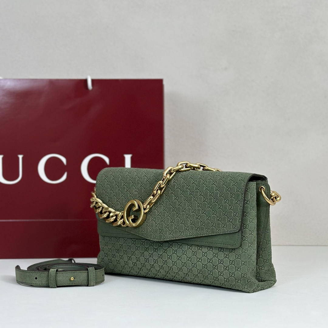 Gucci 857622 Medium Shoulder Bag Suede Green GG