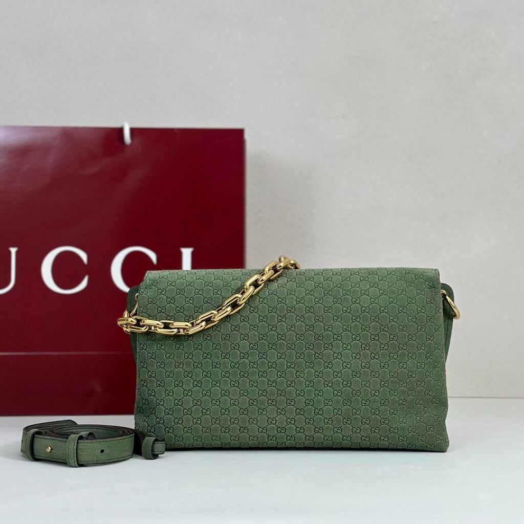 Gucci 857622 Medium Shoulder Bag Suede Green GG