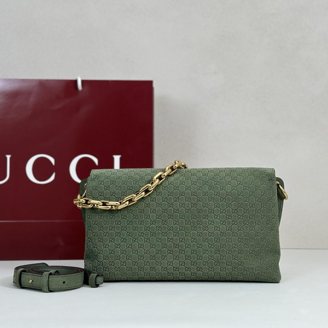 Gucci 857622 Medium Shoulder Bag Suede Green GG