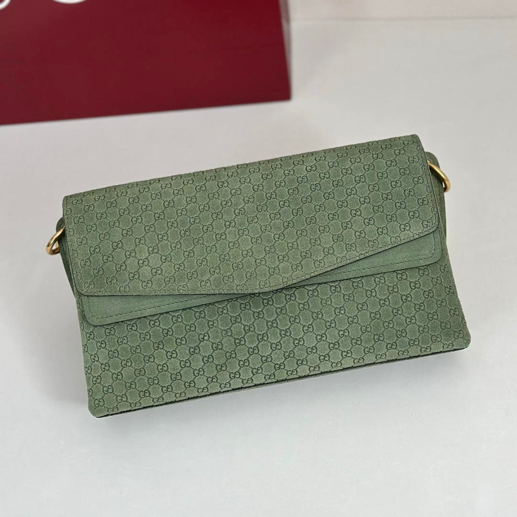 Gucci 857622 Medium Shoulder Bag Suede Green GG