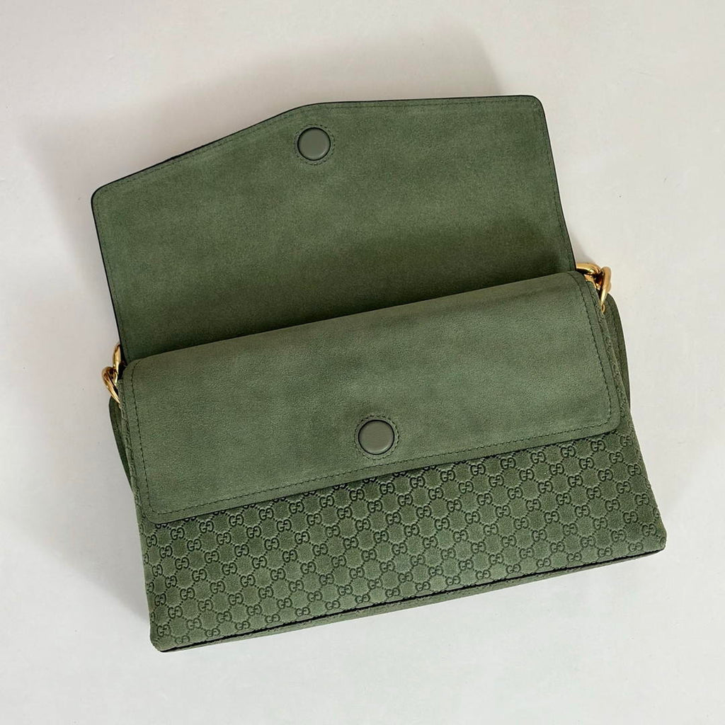 Gucci 857622 Medium Shoulder Bag Suede Green GG