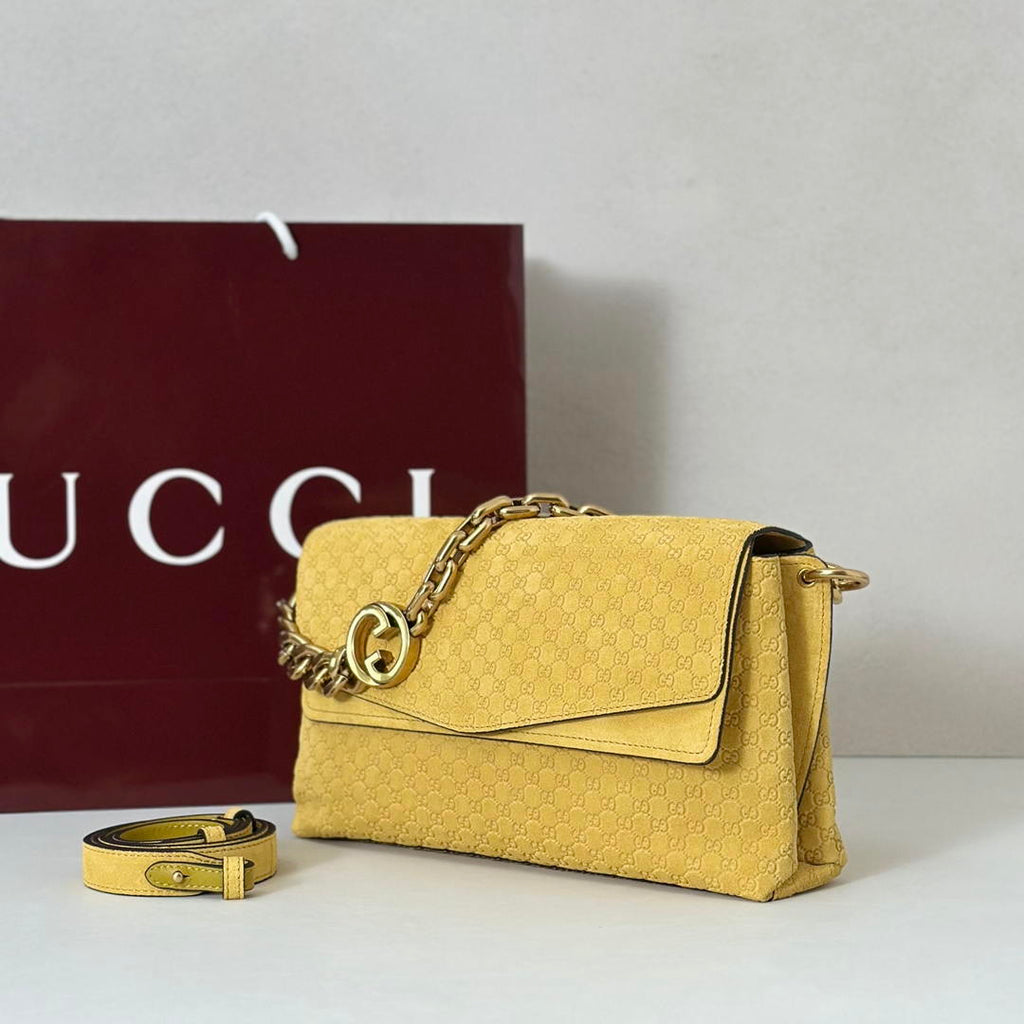 Gucci 857622 Medium Shoulder Bag Suede Yellow GG