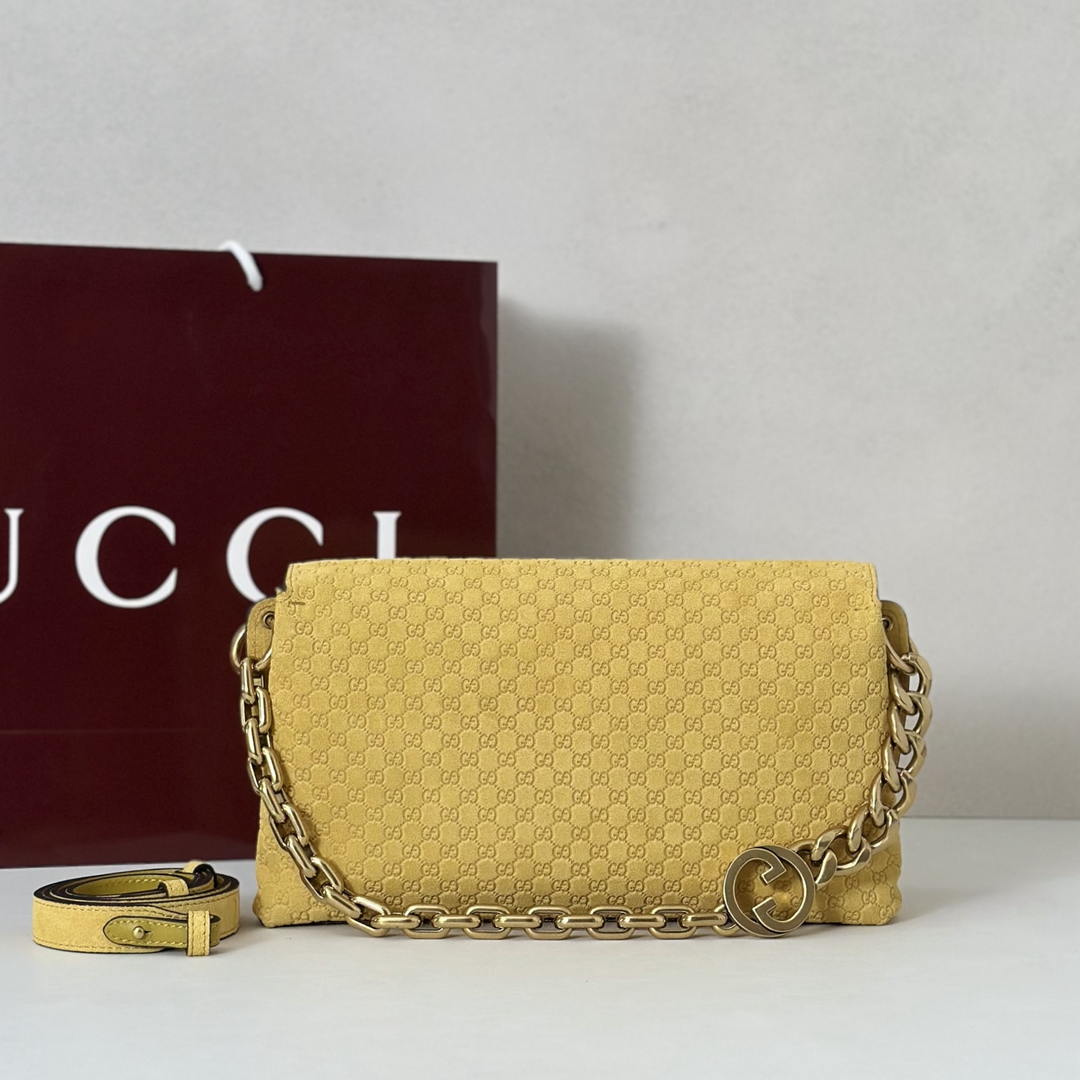 Gucci 857622 Medium Shoulder Bag Suede Yellow GG