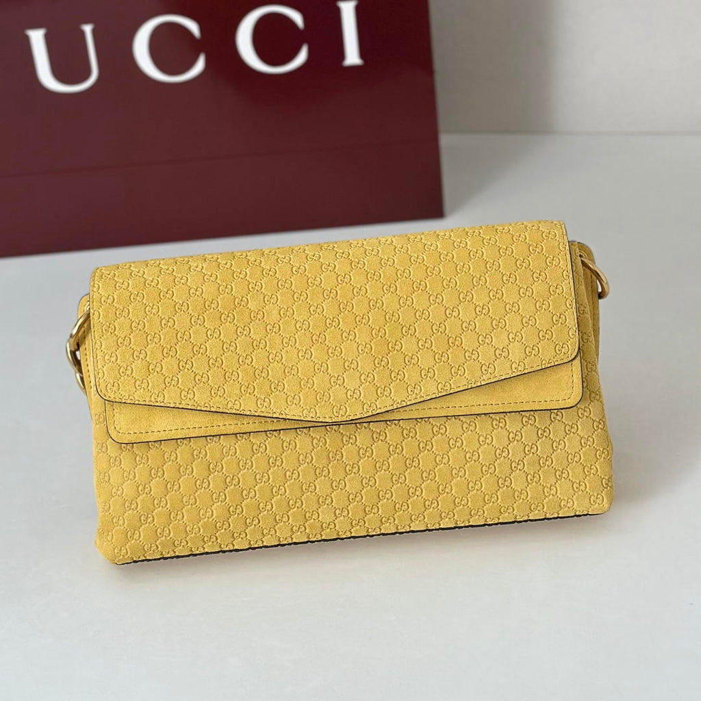 Gucci 857622 Medium Shoulder Bag Suede Yellow GG