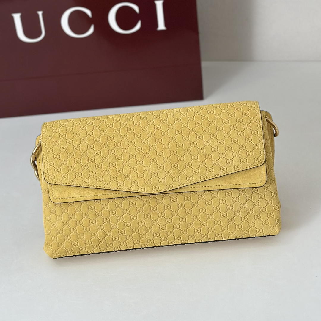 Gucci 857622 Medium Shoulder Bag Suede Yellow GG