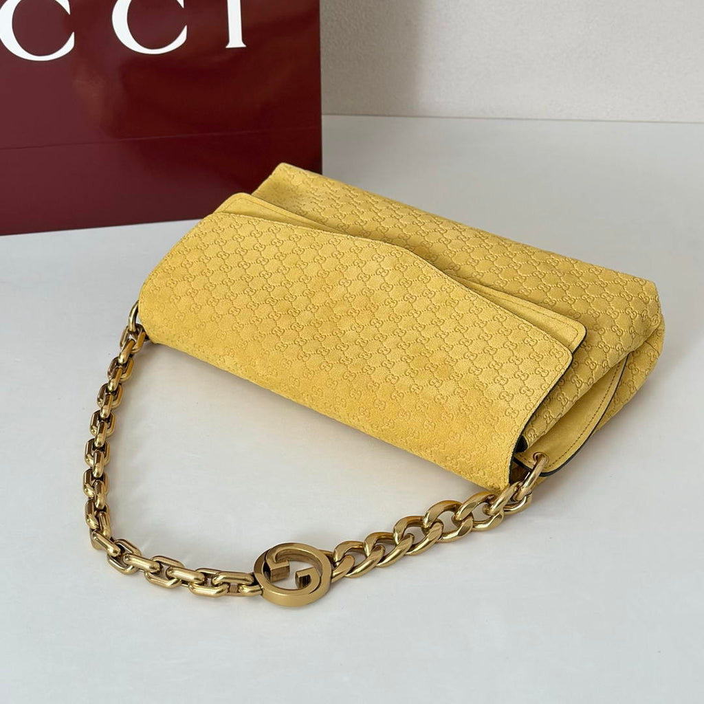Gucci 857622 Medium Shoulder Bag Suede Yellow GG