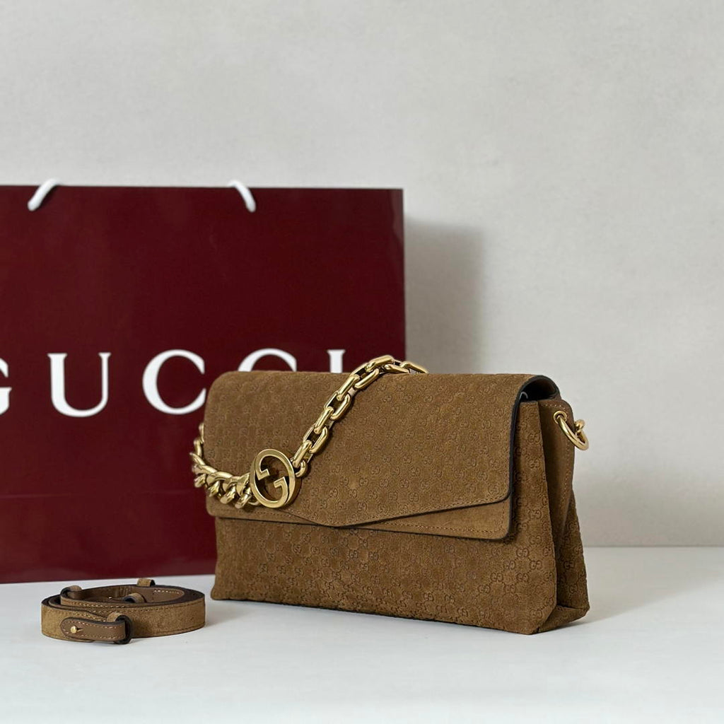 Gucci 857622 Medium Shoulder Bag Suede Brown GG