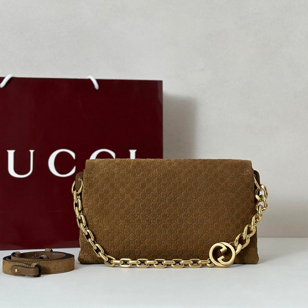 Gucci 857622 Medium Shoulder Bag Suede Brown GG
