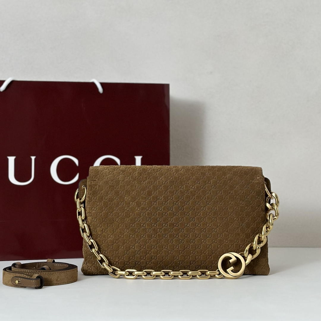 Gucci 857622 Medium Shoulder Bag Suede Brown GG