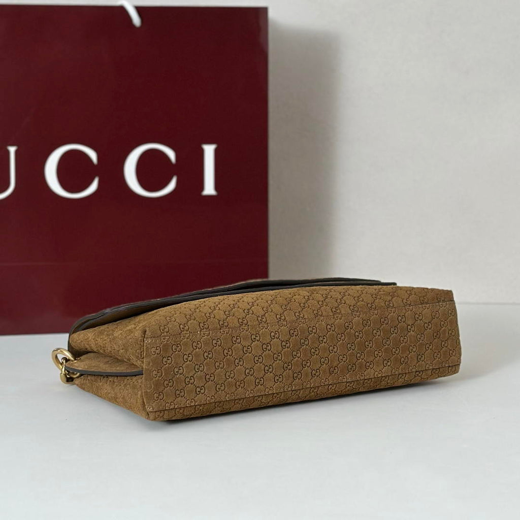 Gucci 857622 Medium Shoulder Bag Suede Brown GG