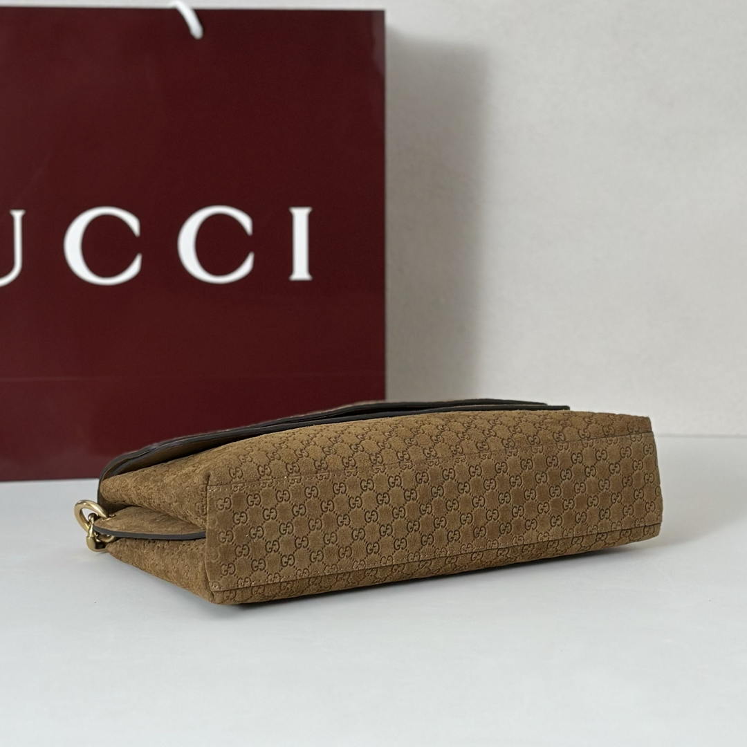 Gucci 857622 Medium Shoulder Bag Suede Brown GG