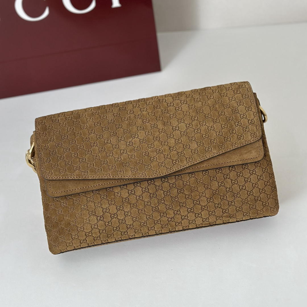 Gucci 857622 Medium Shoulder Bag Suede Brown GG