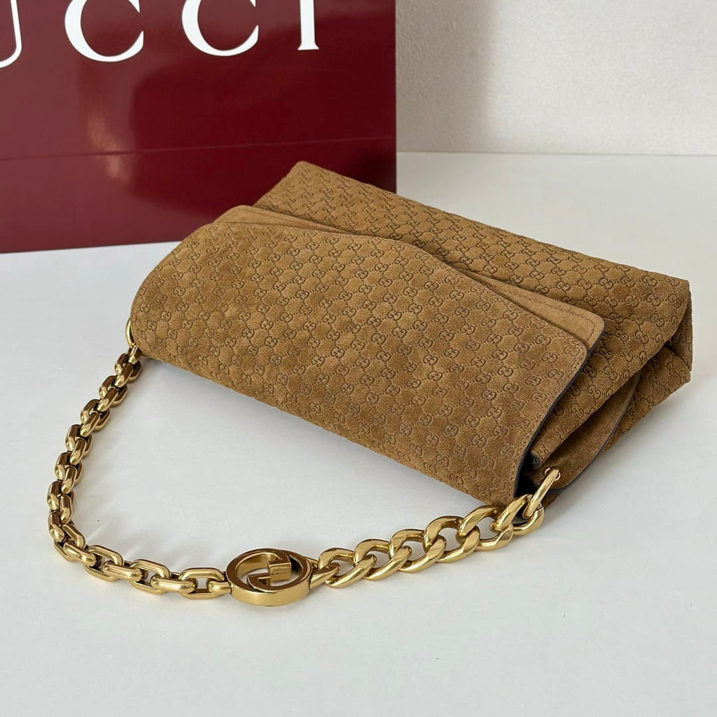 Gucci 857622 Medium Shoulder Bag Suede Brown GG