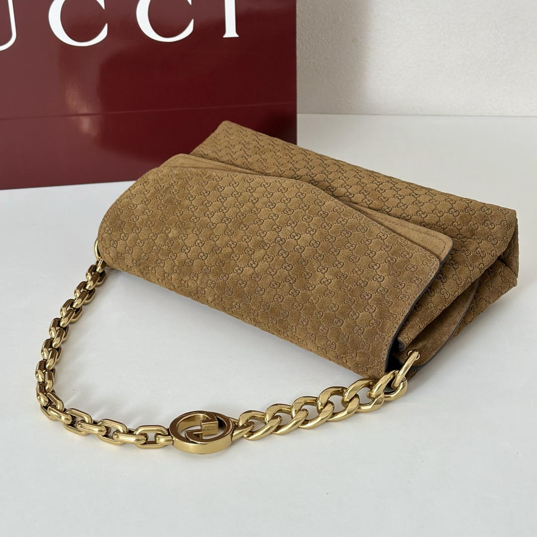 Gucci 857622 Medium Shoulder Bag Suede Brown GG