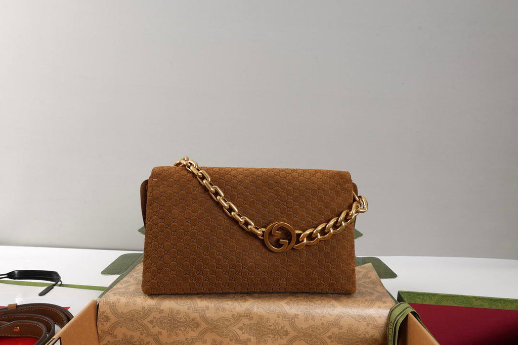 Gucci 857622 Medium Shoulder Bag Suede Dark BROWN GG