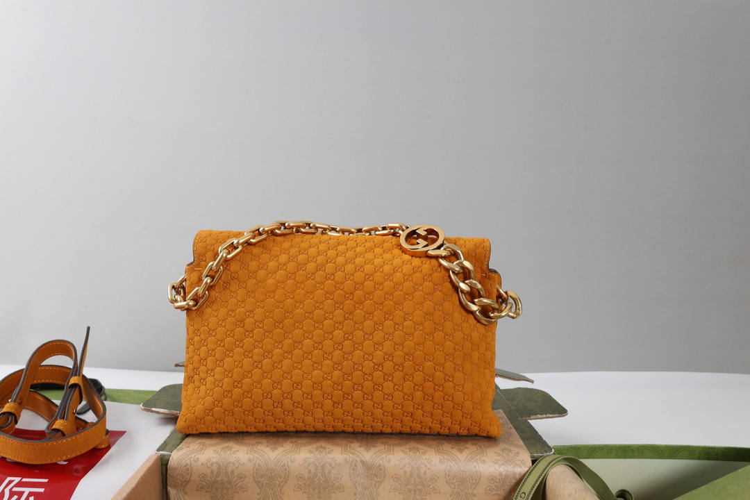 Gucci 857622 Medium Shoulder Bag Suede Orange Brown GG