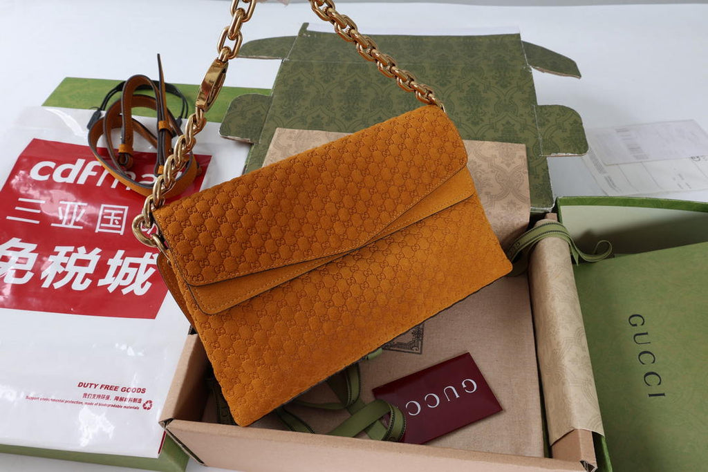Gucci 857622 Medium Shoulder Bag Suede Orange Brown GG