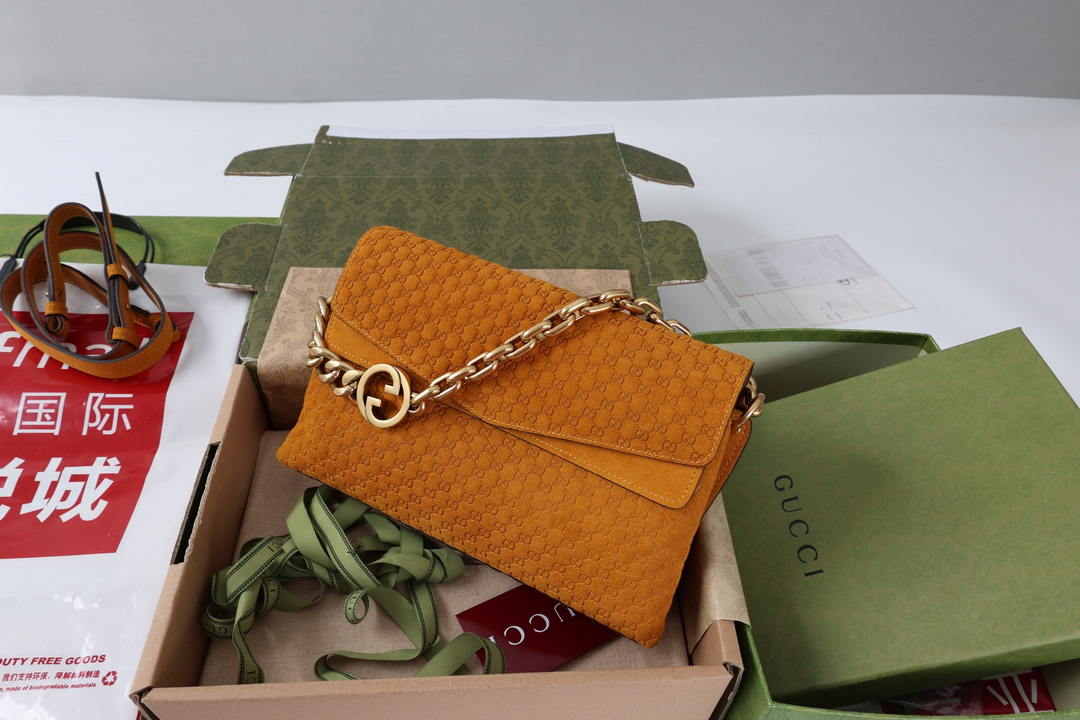 Gucci 857622 Medium Shoulder Bag Suede Orange Brown GG
