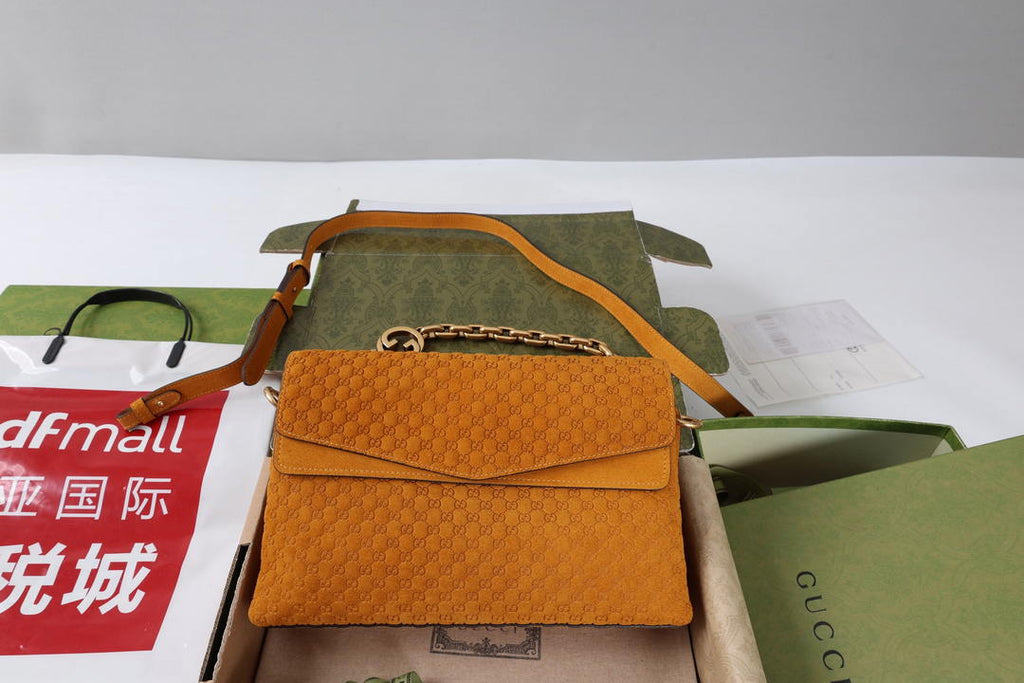 Gucci 857622 Medium Shoulder Bag Suede Orange Brown GG