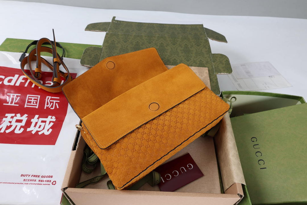 Gucci 857622 Medium Shoulder Bag Suede Orange Brown GG