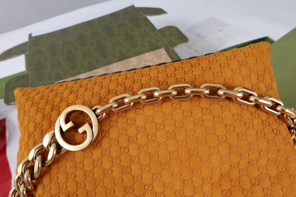 Gucci 857622 Medium Shoulder Bag Suede Orange Brown GG