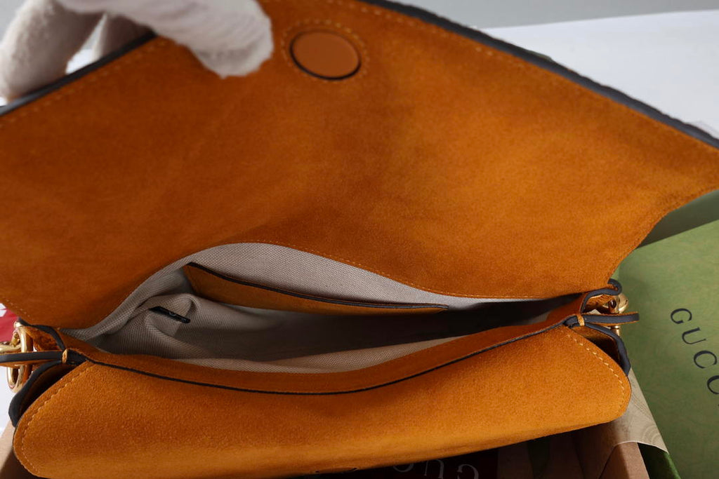 Gucci 857622 Medium Shoulder Bag Suede Orange Brown GG