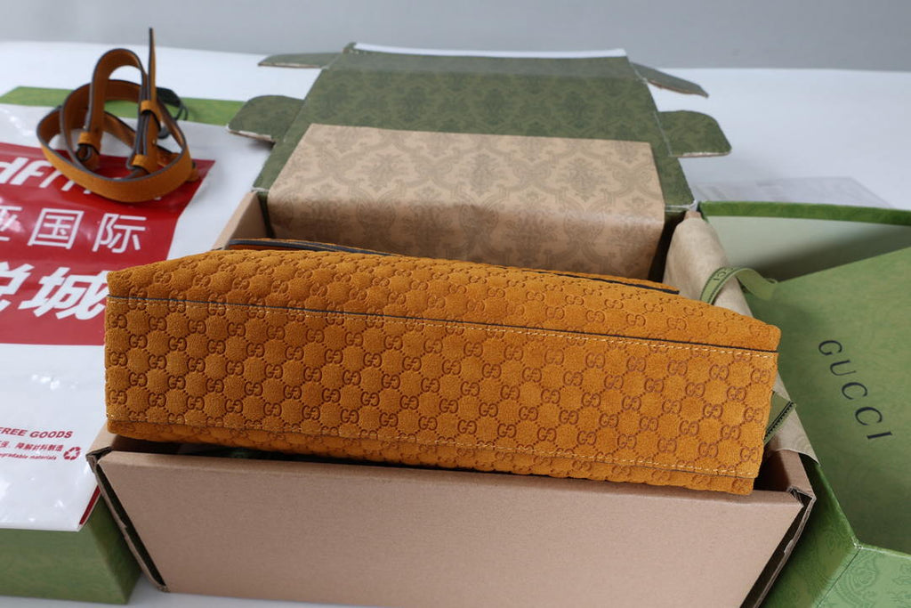 Gucci 857622 Medium Shoulder Bag Suede Orange Brown GG