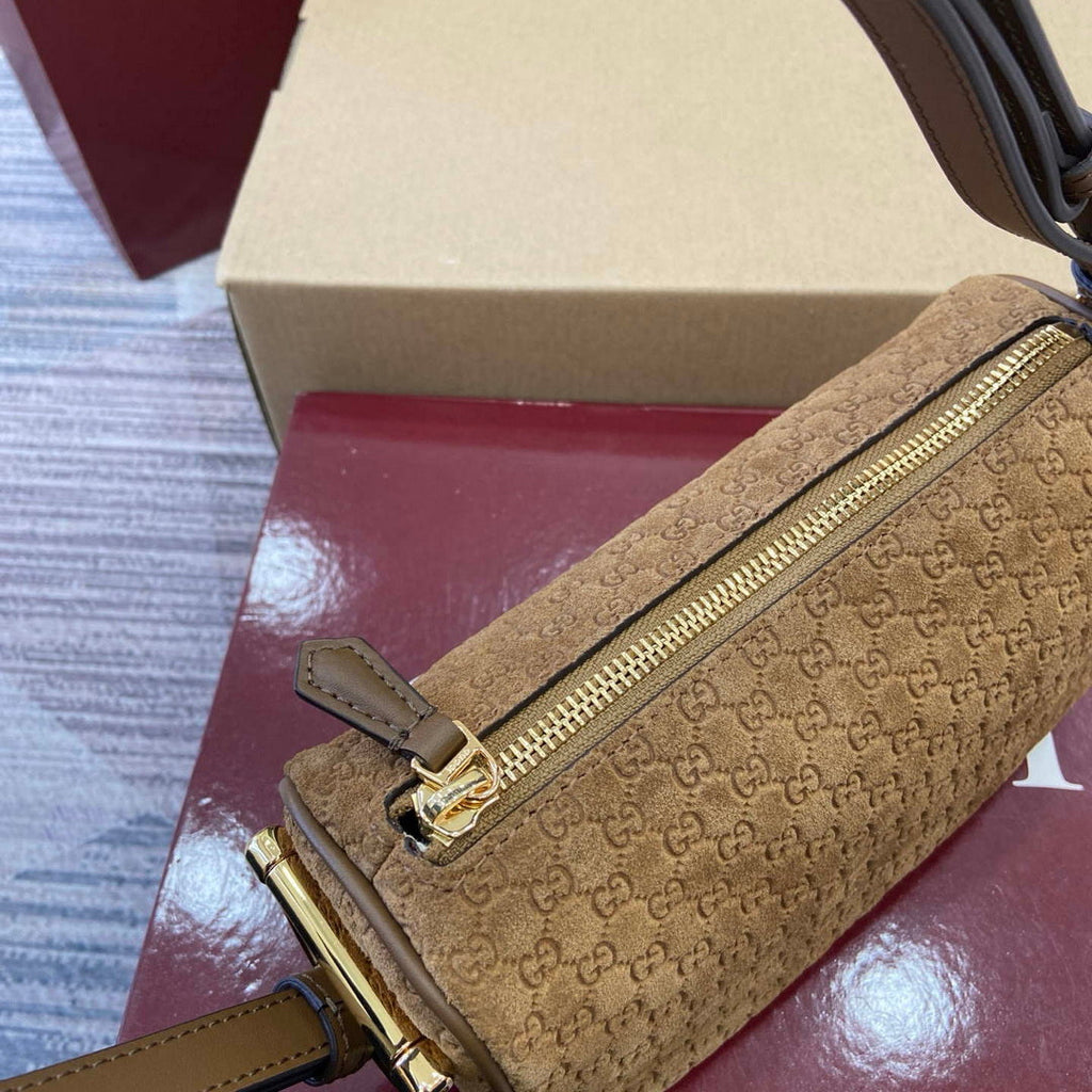 Gucci 860784 Gucci Half Horsebit Mini Shoulder Bag Brown GG Suede