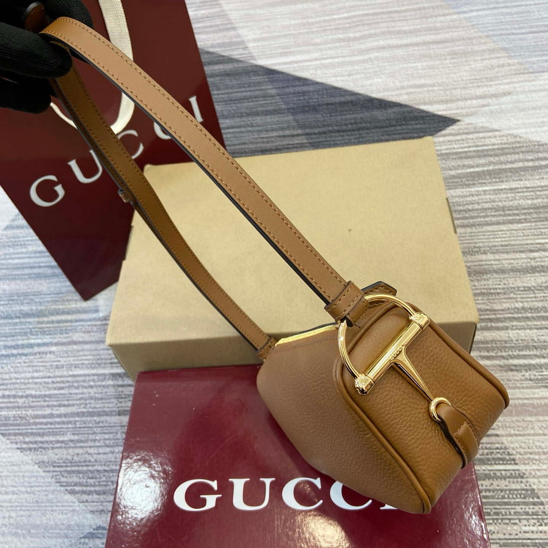 Gucci 860784 Gucci Half Horsebit Mini Shoulder Bag Brown Leather