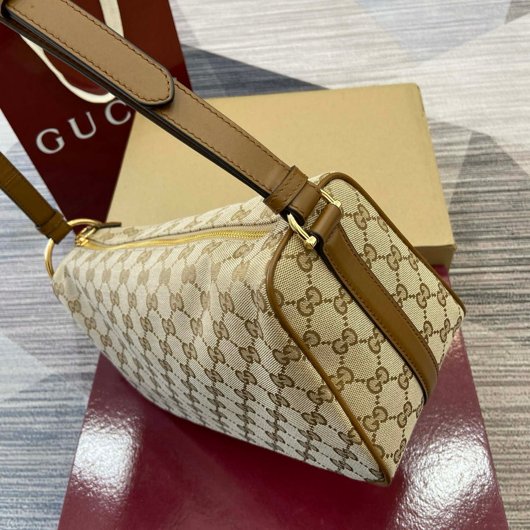 Gucci 860787 Gucci Half Horsebit Medium Shoulder Bag Beige GG canvas