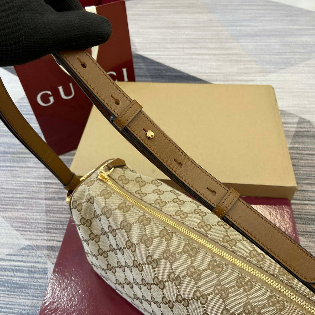 Gucci 860787 Gucci Half Horsebit Medium Shoulder Bag Beige GG canvas
