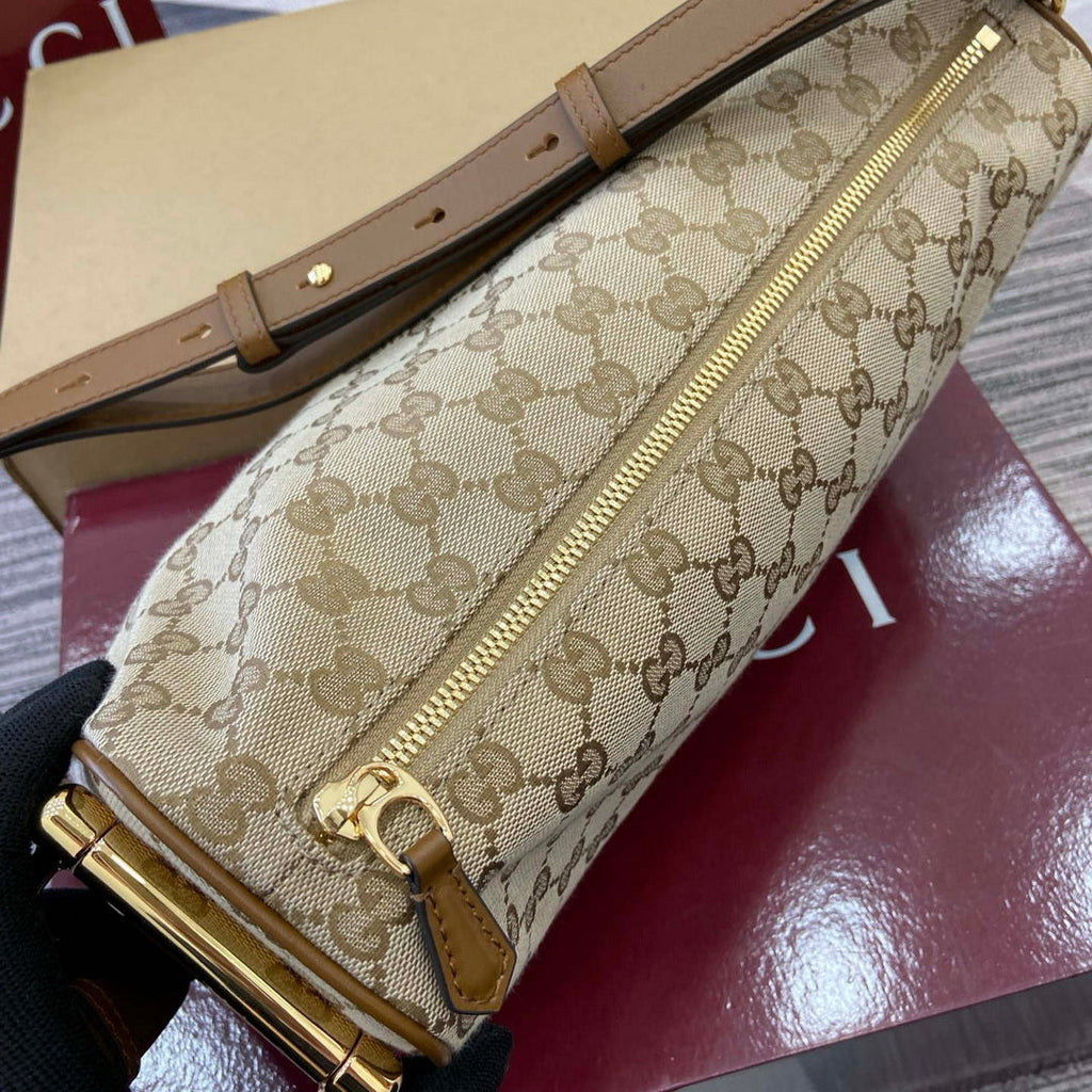 Gucci 860787 Gucci Half Horsebit Medium Shoulder Bag Beige GG canvas