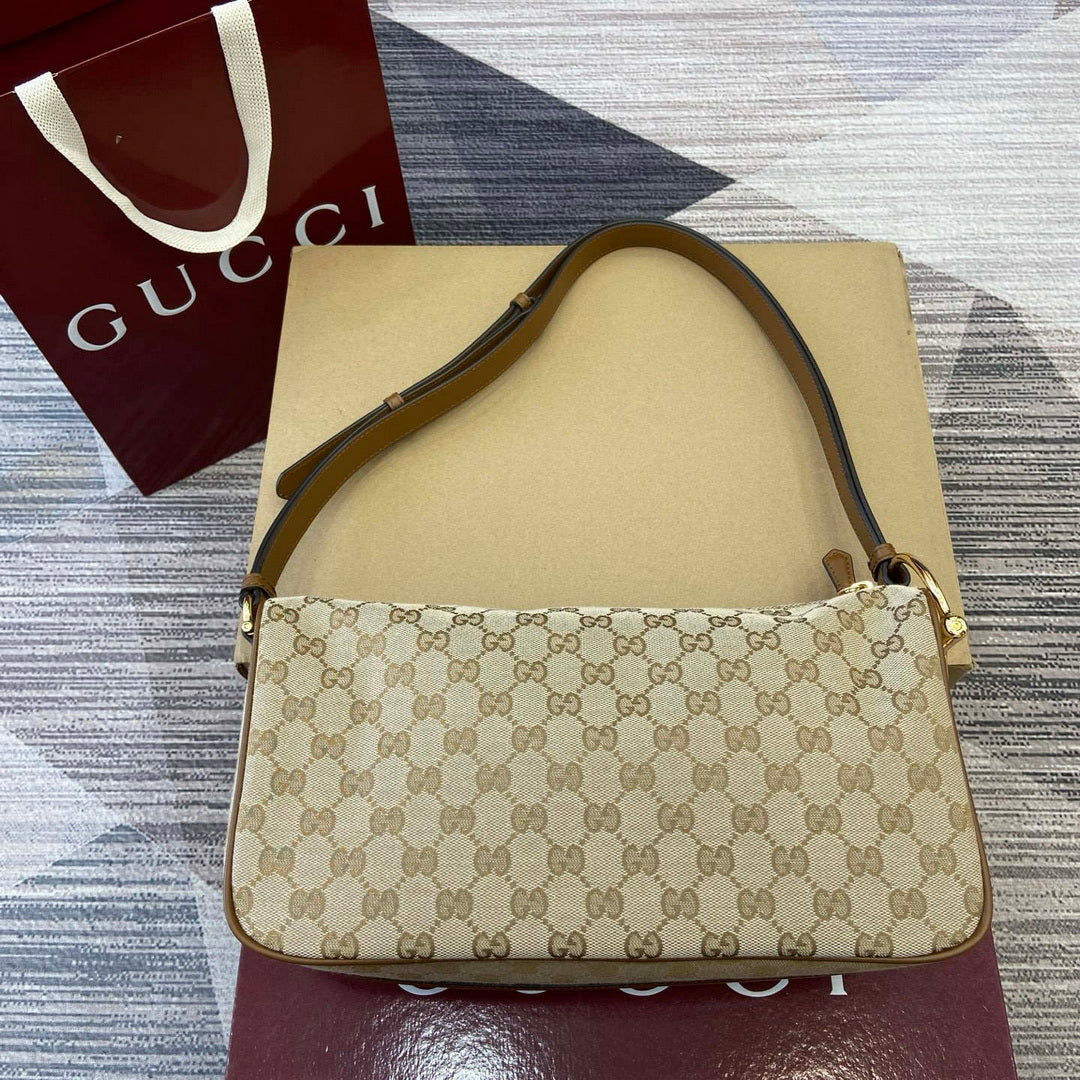 Gucci 860787 Gucci Half Horsebit Medium Shoulder Bag Beige GG canvas