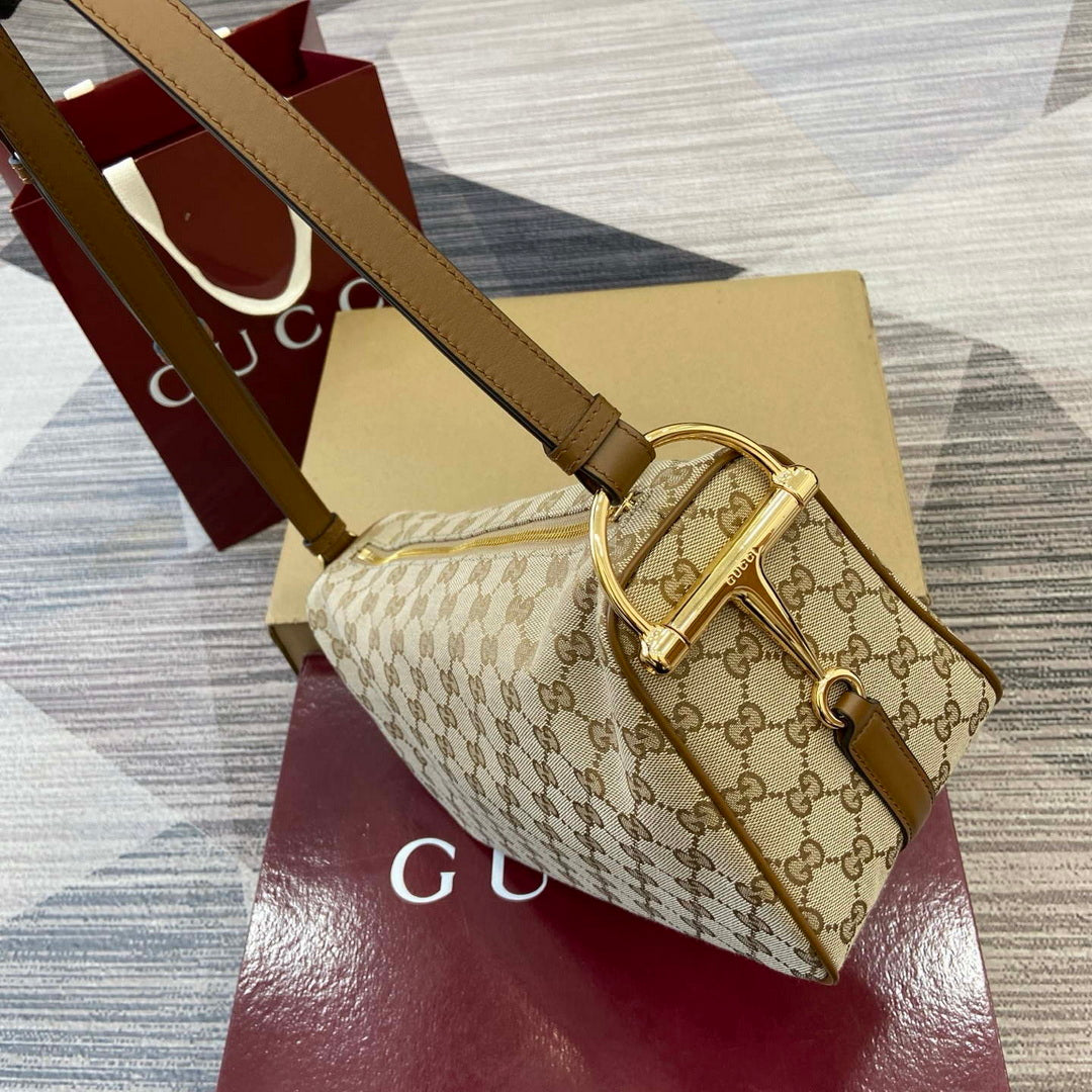 Gucci 860787 Gucci Half Horsebit Medium Shoulder Bag Beige GG canvas