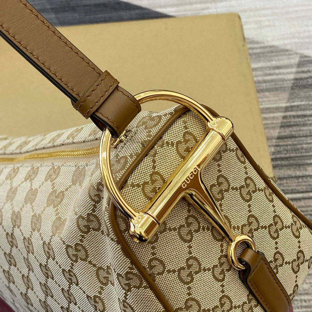 Gucci 860787 Gucci Half Horsebit Medium Shoulder Bag Beige GG canvas