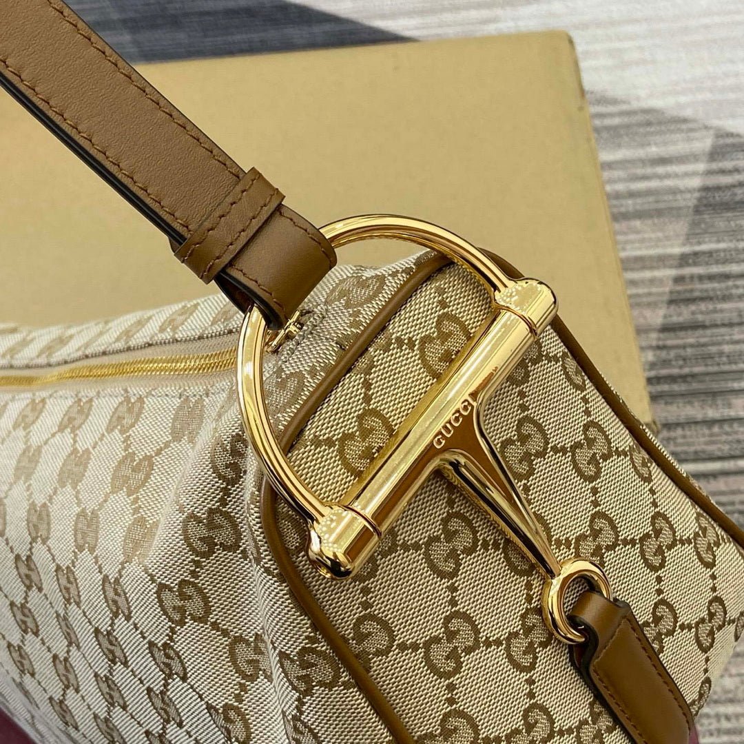Gucci 860787 Gucci Half Horsebit Medium Shoulder Bag Beige GG canvas