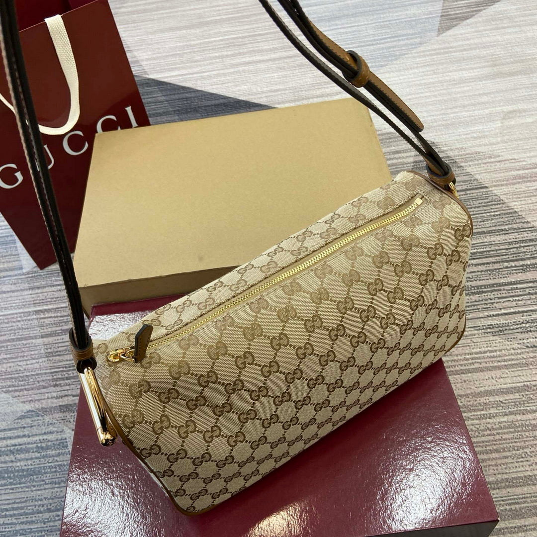 Gucci 860787 Gucci Half Horsebit Medium Shoulder Bag Beige GG canvas