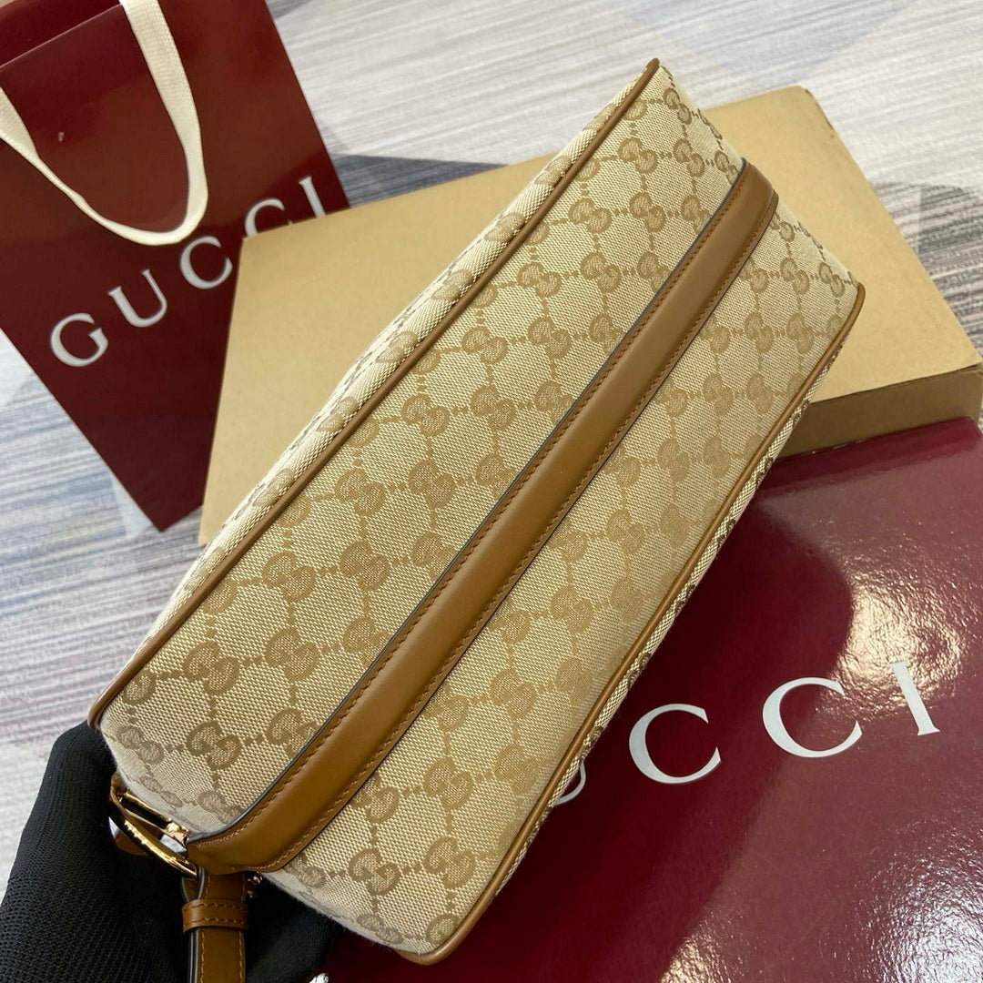 Gucci 860787 Gucci Half Horsebit Medium Shoulder Bag Beige GG canvas